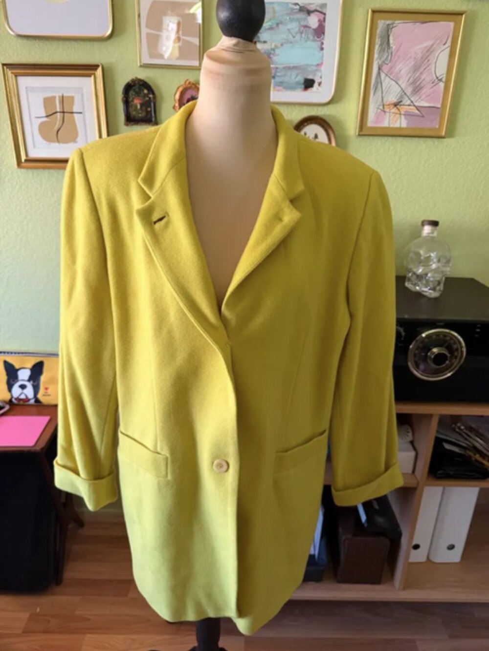 Vintage 90s Harvé Benard Chartreuse Wool Cashmere Power Blazer Plus Size 18